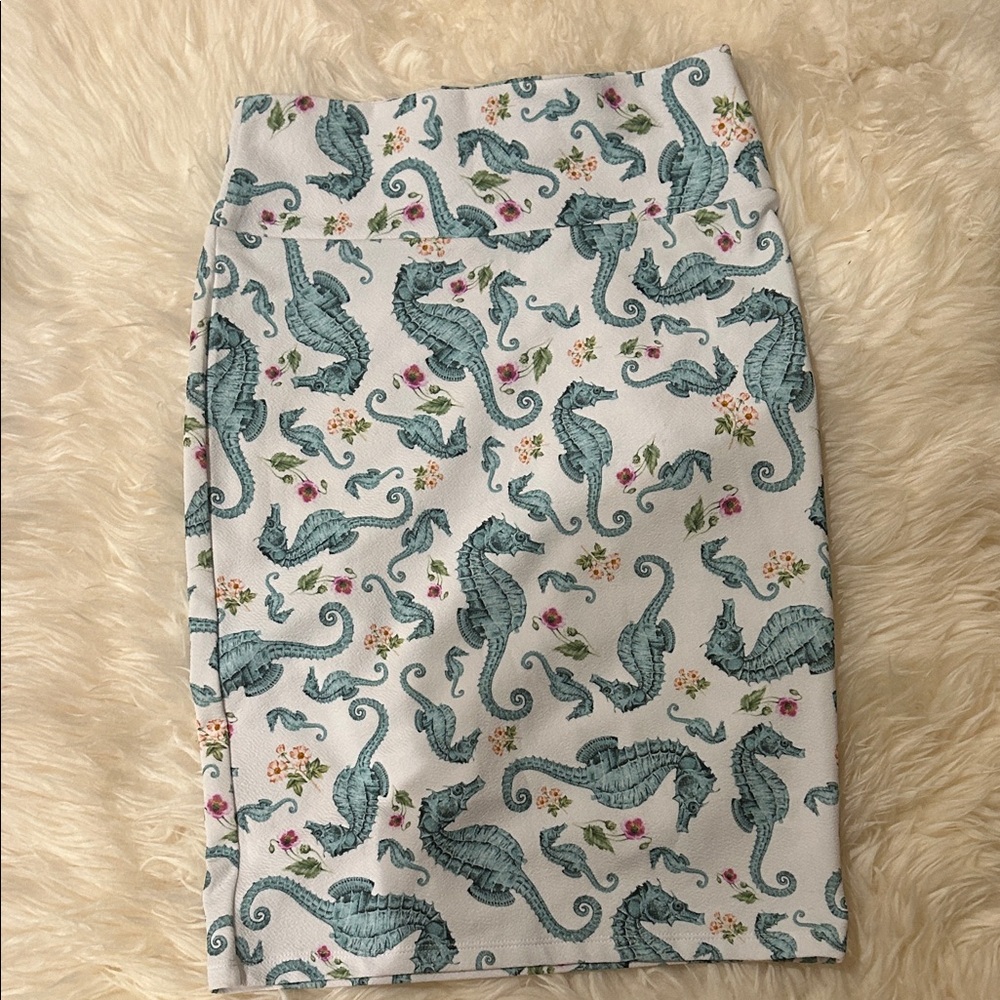 LuLaRoe White Pencil Skirt with Teal Seahorse and Floral Print